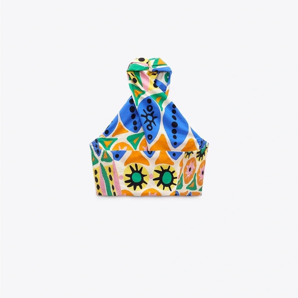 Zara top cropped halter multicolor printed summer blouse - Picture 7 of 8